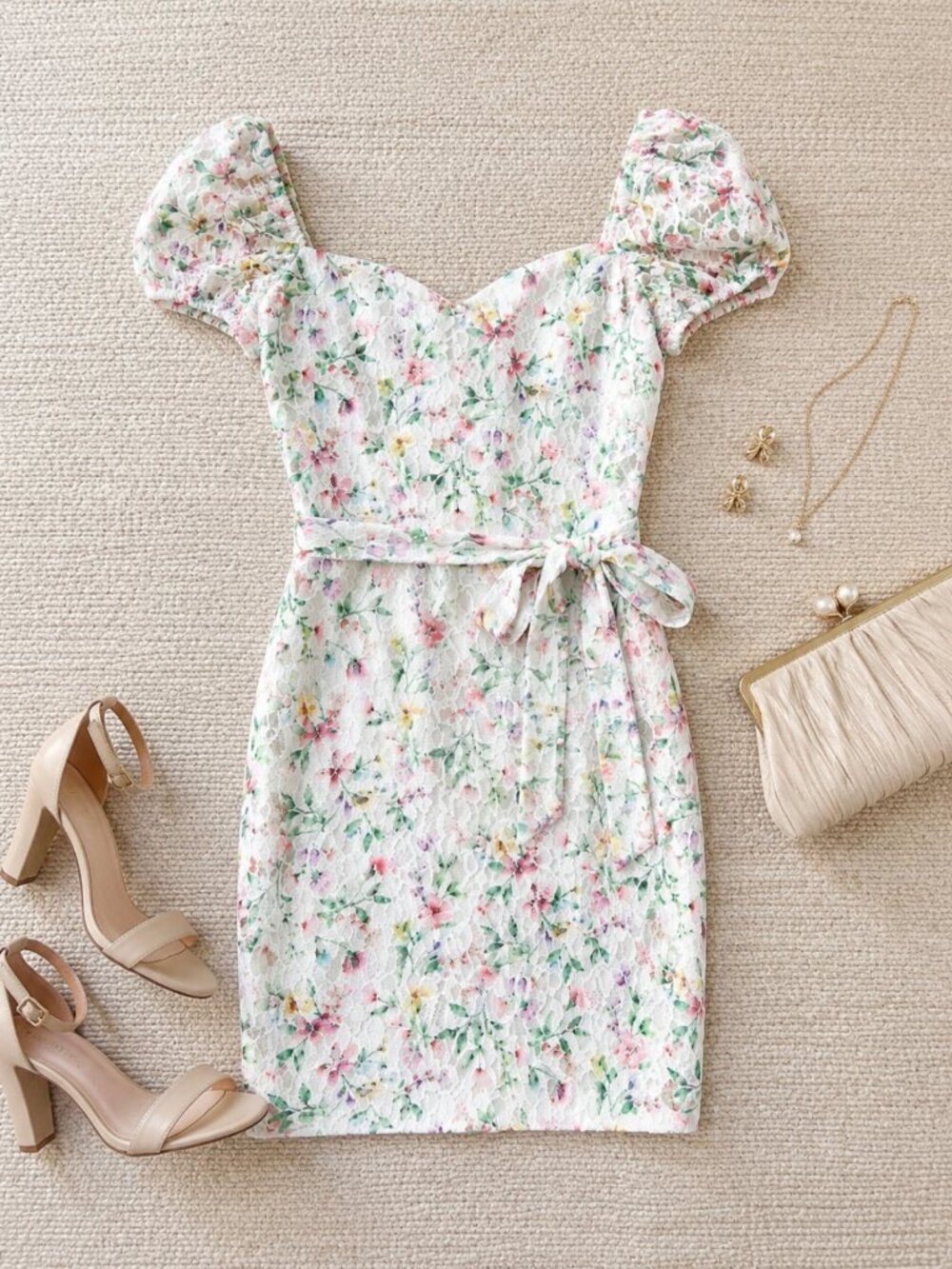 Kensie Floral Lace white Mix Sweetheart Neckline Mini Dress NWT